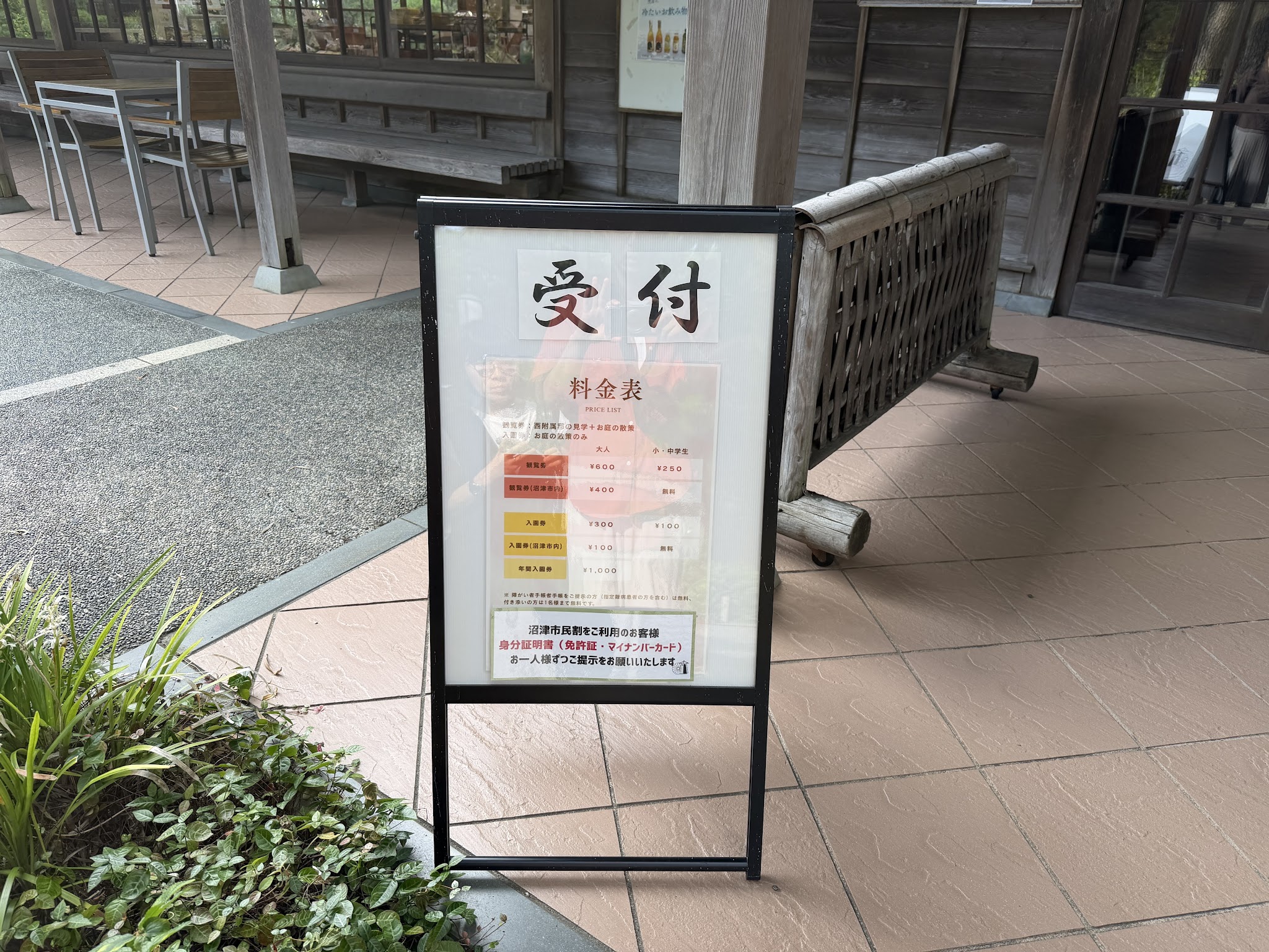 沼津御用邸記念公園の受付前に置かれた料金表